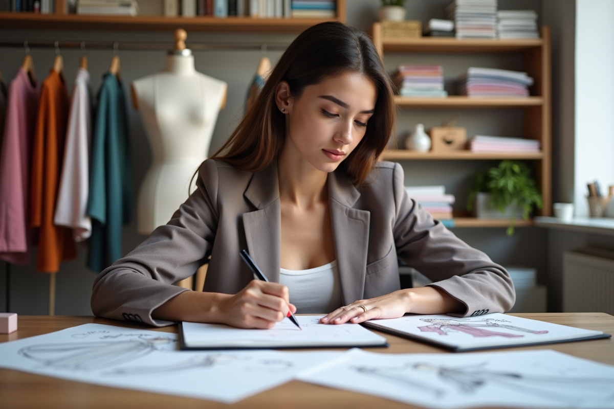 Jeune femme esquissant des designs de mode dans son atelier