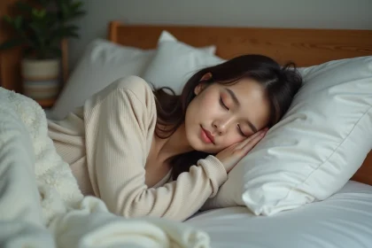 Jeune femme dormant paisiblement dans son lit confortable