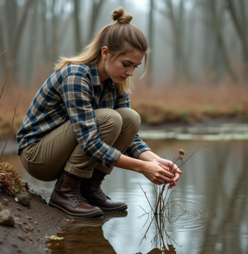 Effets du changement climatique sur la biodiversité : conséquences et solutions adaptées Jeune femme examinant une fleur fanée au bord d'un étang