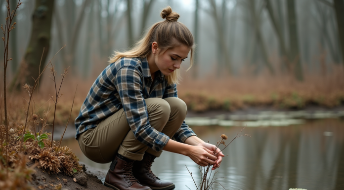 Jeune femme examinant une fleur fanée au bord d'un étang