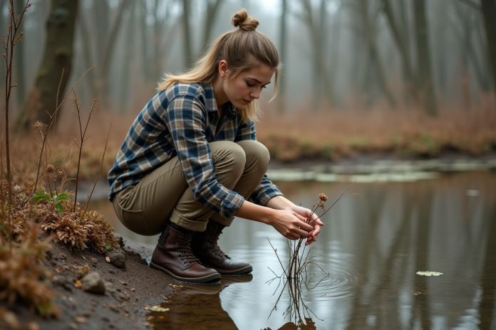 Jeune femme examinant une fleur fanée au bord d'un étang