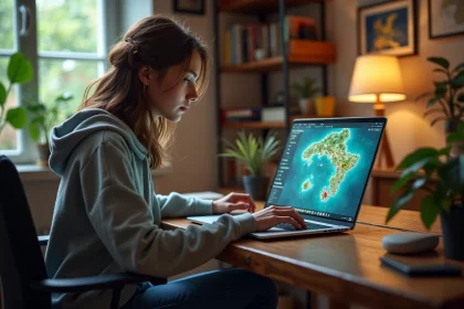 Jeune femme utilisant un ordinateur avec une carte interactive dofus