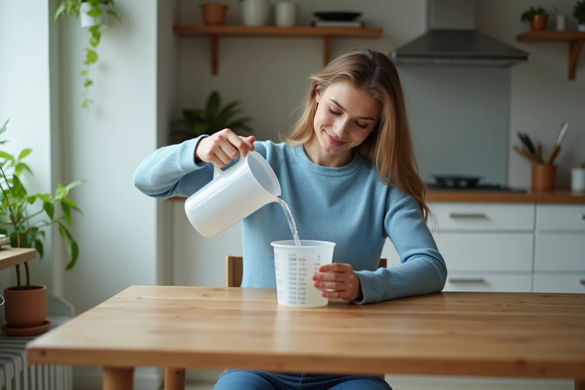 Jeune femme verse de leau dans un grand récipient de cuisine
