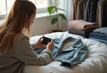 Jeune femme photographiant une veste sur un lit pour vente en ligne