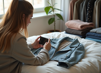 Vendre ses vêtements inutilisés : Astuces et conseils pratiques pour bien revendre ses habits Jeune femme photographiant une veste sur un lit pour vente en ligne