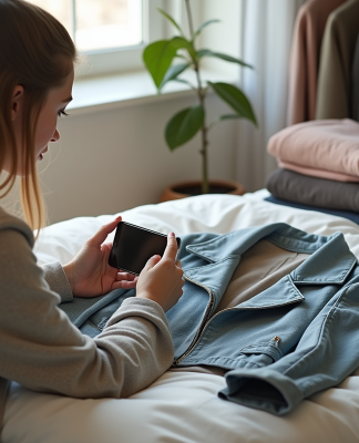 Jeune femme photographiant une veste sur un lit pour vente en ligne