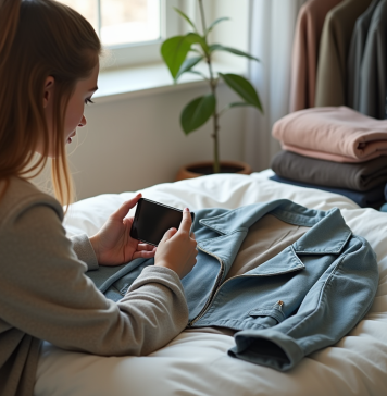 Vendre ses vêtements inutilisés : Astuces et conseils pratiques pour bien revendre ses habits Jeune femme photographiant une veste sur un lit pour vente en ligne