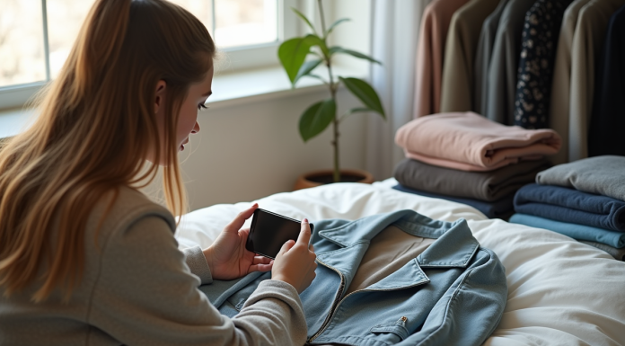 Jeune femme photographiant une veste sur un lit pour vente en ligne