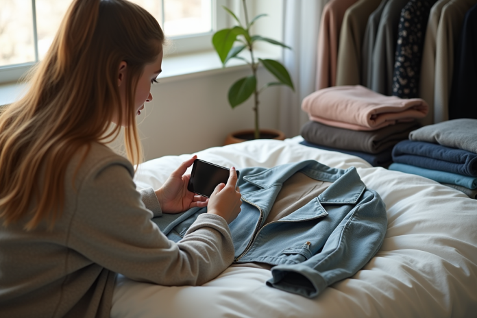 jeune-femme-photographiant-vetement Jeune femme photographiant une veste sur un lit pour vente en ligne