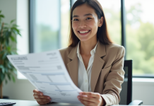 Jeune femme souriante au bureau avec fiche de paie et calculatrice