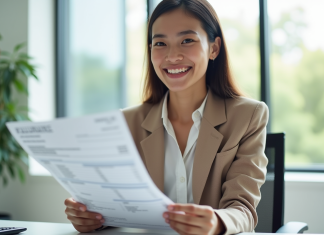 2000 euros brut en net : idées fausses et réalités Jeune femme souriante au bureau avec fiche de paie et calculatrice