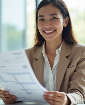 Jeune femme souriante au bureau avec fiche de paie et calculatrice