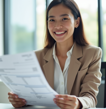 Jeune femme souriante au bureau avec fiche de paie et calculatrice