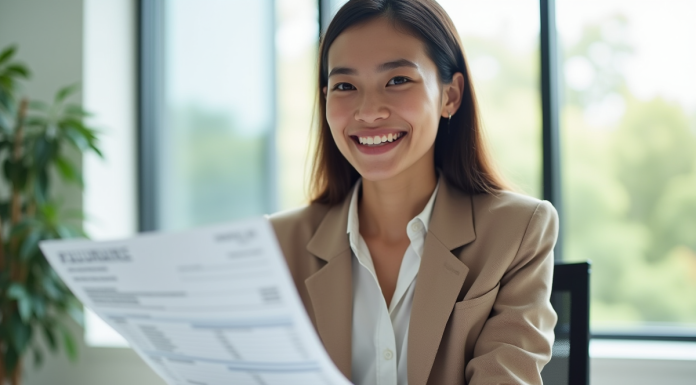 Jeune femme souriante au bureau avec fiche de paie et calculatrice