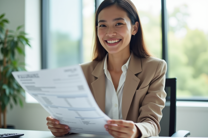 jeune-femme-salle-bureau Jeune femme souriante au bureau avec fiche de paie et calculatrice