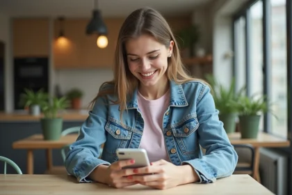 Jeune femme souriante avec smartphone dans une cuisine moderne