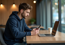 Jeune homme en hoodie vérifiant une transaction bitcoin sur son smartphone