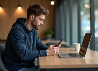 Transfert bitcoins blockchain : comment envoyer vers un autre portefeuille ? Jeune homme en hoodie vérifiant une transaction bitcoin sur son smartphone