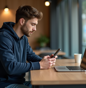 Transfert bitcoins blockchain : comment envoyer vers un autre portefeuille ? Jeune homme en hoodie vérifiant une transaction bitcoin sur son smartphone