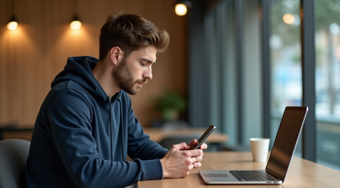 Jeune homme en hoodie vérifiant une transaction bitcoin sur son smartphone