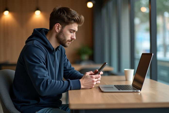 Jeune homme en hoodie vérifiant une transaction bitcoin sur son smartphone