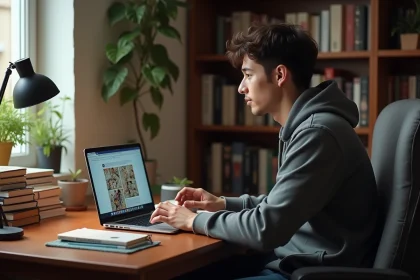 Jeune homme lisant manga sur ordinateur dans son bureau