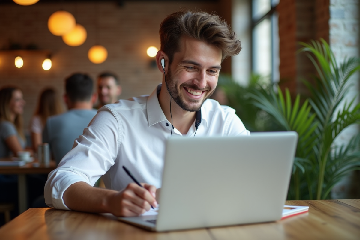 Jeune homme en formation en café