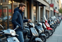 Jeune homme inspectant une moto Dax 50cc devant un concessionnaire