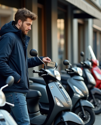 Jeune homme inspectant une moto Dax 50cc devant un concessionnaire