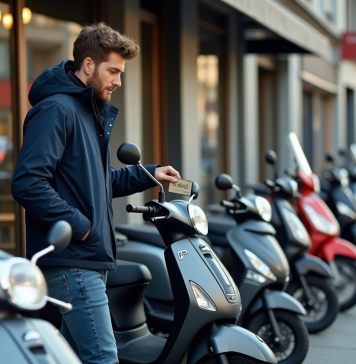 Jeune homme inspectant une moto Dax 50cc devant un concessionnaire