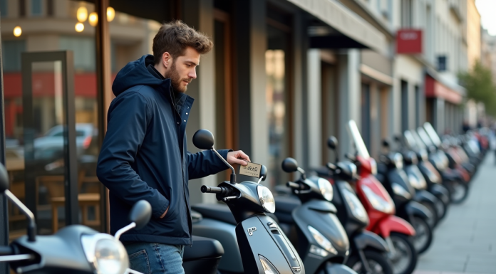 Jeune homme inspectant une moto Dax 50cc devant un concessionnaire