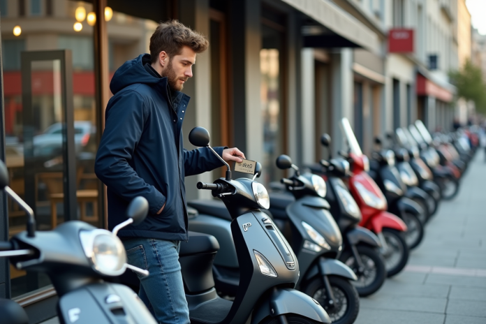 jeune-homme-moto-dax-50cc Jeune homme inspectant une moto Dax 50cc devant un concessionnaire
