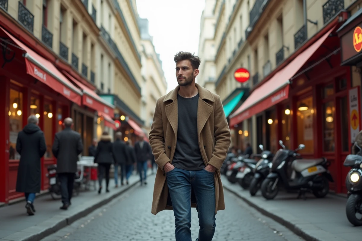 Jeune homme marche dans une rue parisienne anim&eacute;e