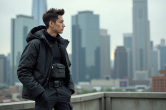 Jeune homme en techwear sur un rooftop urbain