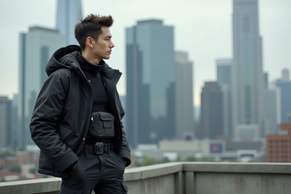 Jeune homme en techwear sur un rooftop urbain
