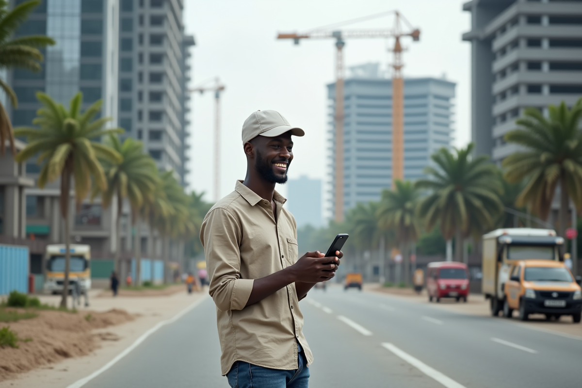 Jeune homme africain souriant dans une rue en pleine expansion