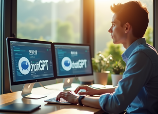 Traduction avec ChatGPT : efficacité et performance linguistique ! Jeune professionnel utilisant un ordinateur portable dans un bureau lumineux