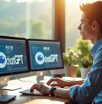 Traduction avec ChatGPT : efficacité et performance linguistique ! Jeune professionnel utilisant un ordinateur portable dans un bureau lumineux