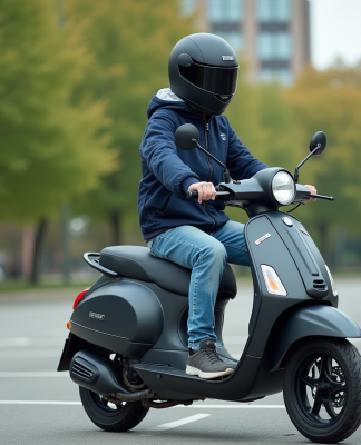 Jeune garçon en bomber et casque noir sur scooter en ville
