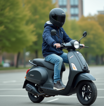 Jeune garçon en bomber et casque noir sur scooter en ville