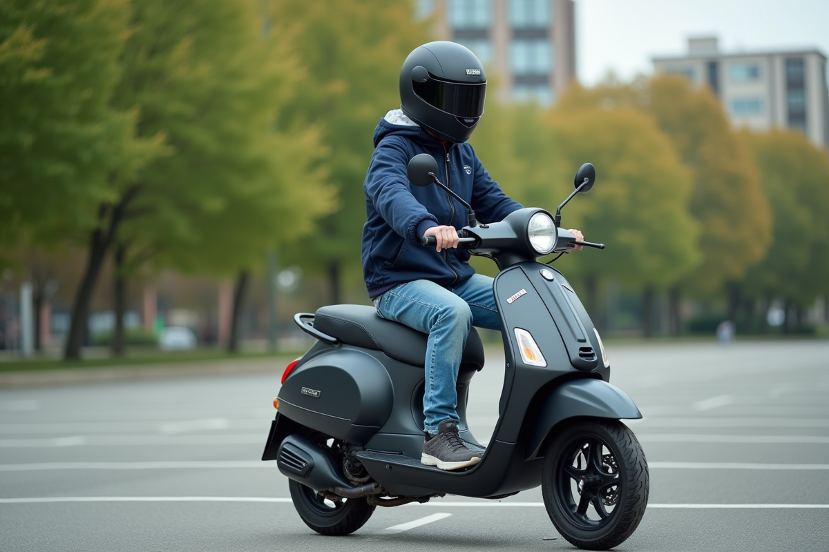 Jeune garçon en bomber et casque noir sur scooter en ville
