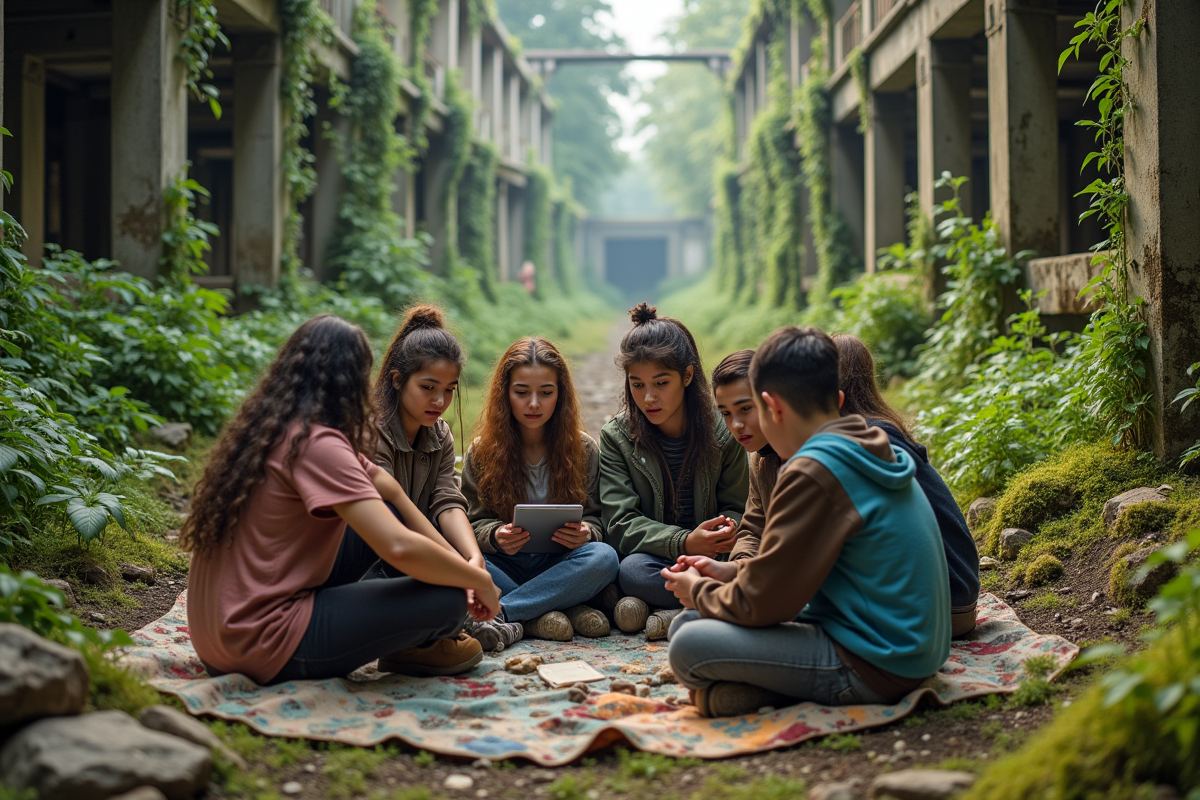 Jeunes assis dans la nature sur des débris en ruines
