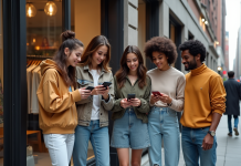 Groupe de jeunes en streetwear tendance 2025 devant une boutique