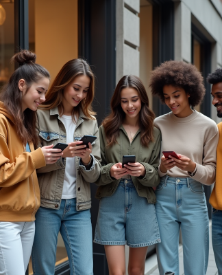 Groupe de jeunes en streetwear tendance 2025 devant une boutique