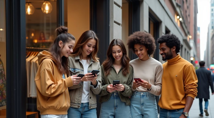 Groupe de jeunes en streetwear tendance 2025 devant une boutique