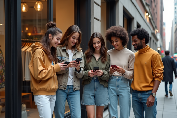 Groupe de jeunes en streetwear tendance 2025 devant une boutique