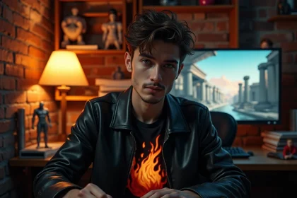 Joueur de jeux vidéo passionné entouré de mangas et figurines de dieux grecs du feu dans une chambre gaming