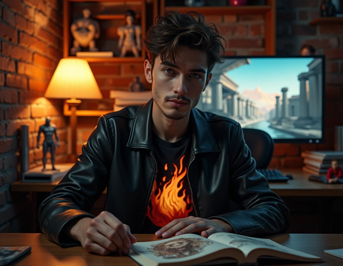 Joueur de jeux vidéo passionné entouré de mangas et figurines de dieux grecs du feu dans une chambre gaming