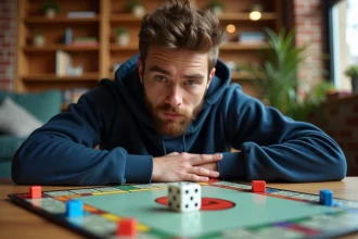 Joueur de Monopoly lançant les dés sur un plateau de jeu classique dans un appartement moderne, stratégie Monopoly Go