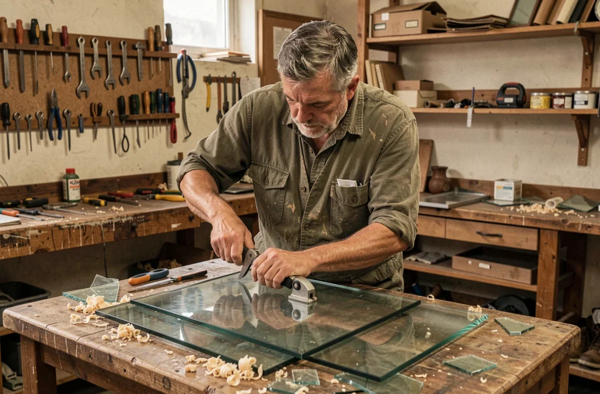 Artisan vitrier Jouvet Thierry coupant une vitre sur une table de découpe dans son atelier familial